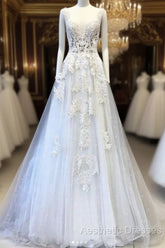 White V Neck Lace Tulle Long Wedding Dresses, Lace Evening Prom Dresses